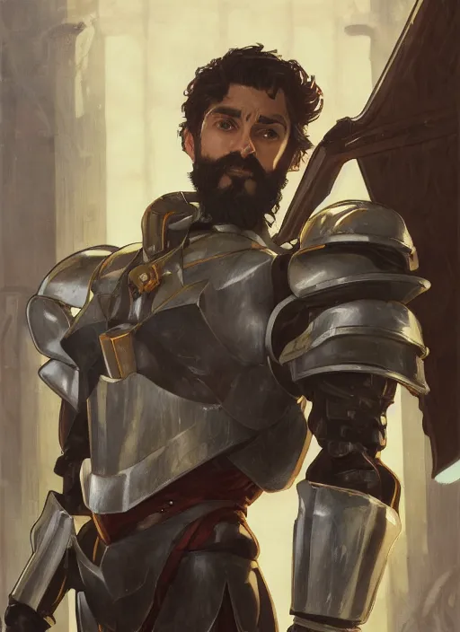 Image similar to medium-length portrait of a male paladin with short curly hair and a dark beard, dark brown skin, happy expression, wears a suit of power armor, gundam, holding buster sword aloft, medieval setting, highly detailed, digital painting, artstation, concept art, sharp focus, illustration, art by greg rutkowski and alphonse mucha