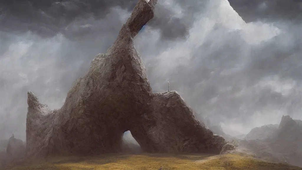 Image similar to giant stone sword stuck in a mountain, snakes, long arms at the grip, very heavy clouds , volumetric, digital art by Zdzisław Beksiński , Ruan Jia, Rudolf Béres