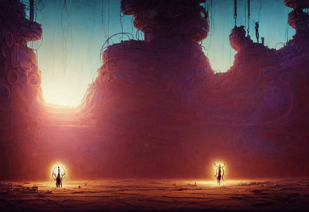 Image similar to A techno-magical male-shaman in shamanistic robes performs a ritual to resurrect a mechanical horse in a huge steel ancient ruins covered of dunes of sand. Art by Finnian MacManus, Simon Stalenhag. Masterpiece, fantasy art, cinematic, hyperdetailed, sigils, photorealistic, cyberpunk, postapocalyptic, steampunk, hyperrealism, octane render, 8k