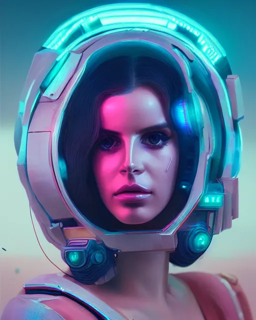 Image similar to portrait of cyborg lana del rey. intricate abstract. intricate artwork cyberpunk by tooth wu, wlop, beeple, dan mumford. octane render, trending on artstation, greg rutkowski ruan jia, cinematic lighting, hyper realism, high detail, octane render, 8 k, key art, blue and pink, iridescent accents