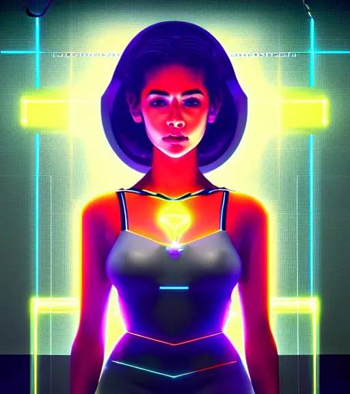 Image similar to symmetry!! latina princess of technology, solid cube of light, hard edges, product render retro - futuristic poster scifi, lasers and neon circuits, beautiful woman latina princess, intricate, elegant, highly detailed, digital painting, artstation, concept art, smooth, sharp focus, illustration, dreamlike, art by artgerm