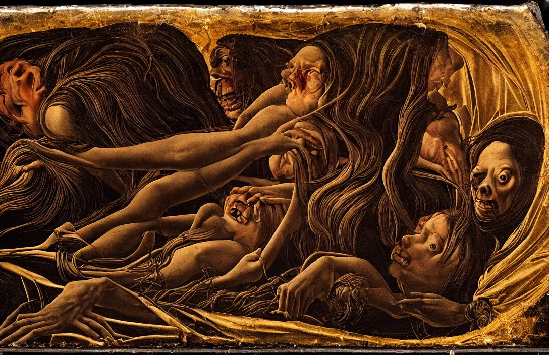 Image similar to gnarly intact flawless ambrotype from 4 k criterion collection remastered cinematography gory horror film, ominous lighting, evil theme wow photo realistic postprocessing nightmarish world of fear, horror, and revulsion that shocks and disturbs the spectator with its emotional power macrolens mural by sandro botticelli