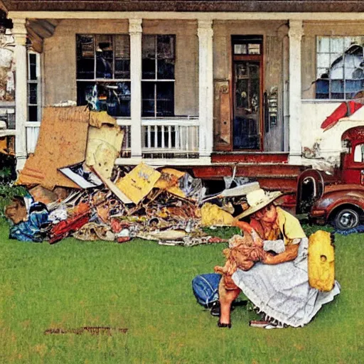 Image similar to A Norman Rockwell painting of a front front yard covered in thrash that has half of an old broken down truck in it, detailed, masterpiece