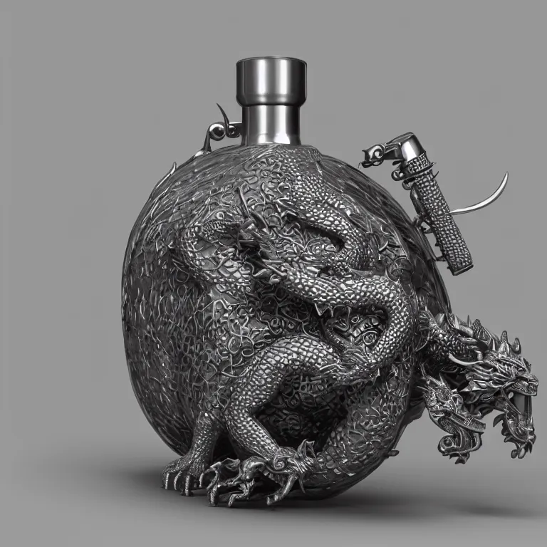 Image similar to transparent ancient boar flask with a dragon, raytracing, orthographic 3d rendering, octane render