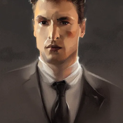 Image similar to Portrait of a man by Greg Rutkowski, he is about 30 years old, mixture between russian and German, coiffed brown hair, attractive, smart looking, he is wearing a black futuristic lawyer outfit, highly detailed portrait, scifi, digital painting, artstation, concept art, smooth, sharp foccus ilustration, Artstation HQ