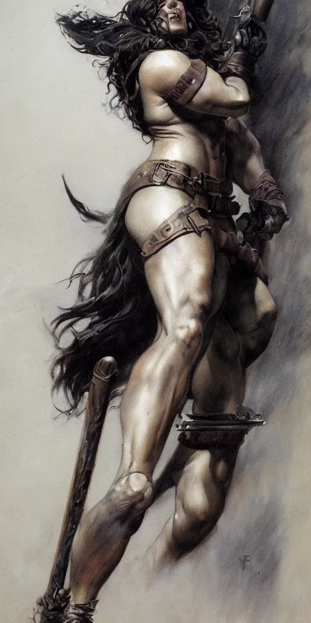 Prompt: full body portrait of a strong fierce female barbarian by Frank Frazetta and Jean Delville, trending on artstation, cgsociety, wlop, cosmic, epic, stunning, gorgeous