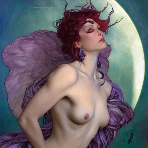 Image similar to Morrigan from Darkstalkers drawn by Donato Giancola and Tom Bagshaw, face by Artgerm, overall design by Alphonse Mucha, background by James Jean and Gustav Klimt, light by Julie Bell, 4k, porcelain skin, komorebi, french nouveau, trending on artstation, octane render, hyperrealistic