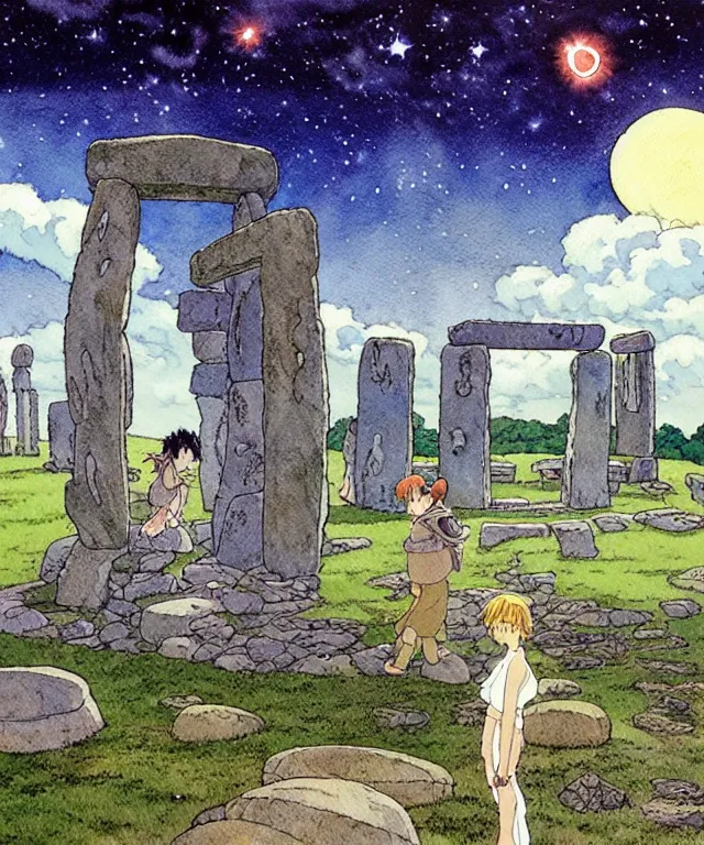 Image similar to a hyperrealist studio ghibli watercolor fantasy concept art. in the foreground is a giant grey octopus lifting and putting stones in to place on top of stonehenge with a starry sky. by rebecca guay, michael kaluta, charles vess