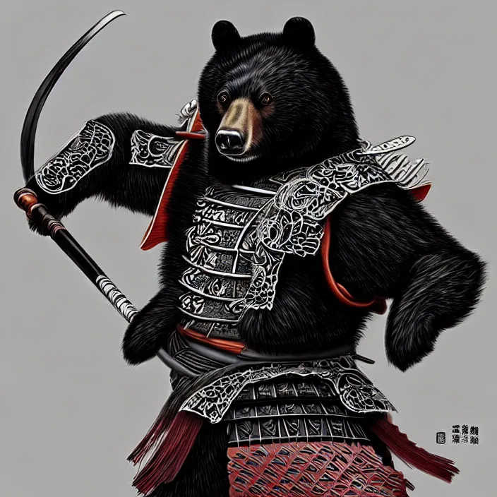 Prompt: anthropomorphic samurai asian black bear, fantasy, intricate, highly detailed, lifelike, photorealistic, digital painting, artstation, illustration, concept art, smooth, sharp focus, art by ogata korin and aya takano