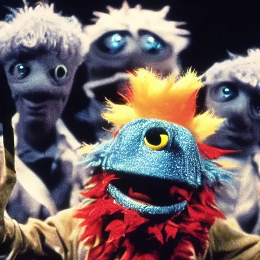 Image similar to 1 9 7 6 synthetic fur monsters with large eyes, cinematic movie scene, inspired by the movie the fifth element and'fraggle rock'