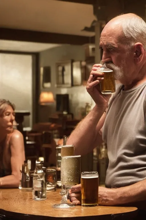 Prompt: Old man drinks beer in the bar. Photo realistic. Gregory Crewdson. Award winning. Masterpiece, exquisite detail, post processing