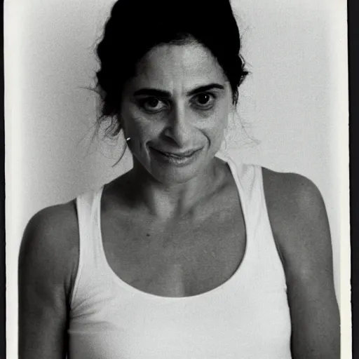 Image similar to Ayelet Shaked sad and hopeful, in a white tank top. Polaroid.