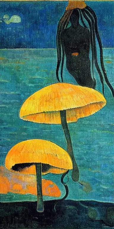 Image similar to black!! jellyfish in a vast ocean by paul gauguin, serene, calm, minimalist!!!