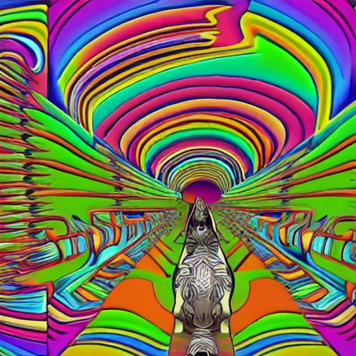 Image similar to chihuahua with rainbow fur, psychedelic fur, in an abstract mc escher environment, happy chihuahua, 4 k, 8 k, ultra detailed, digital illustration