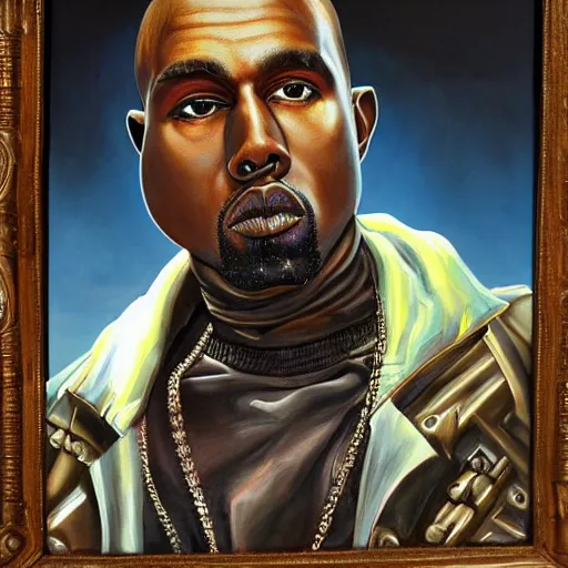 Image similar to a realistic oil painting of a cybernetic kanye west cyborg, surrealism portrait, post apocalyptic album cover