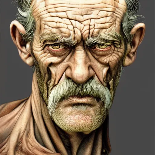 Image similar to centered detailed portrait of an old ugly mutant smuggler, without a nose and with rough dark dirty skin showing the thin veins underneath::art by James Christensen and Artgerm and Sophie Anderson::realistic character concept, single face, insanely detailed and intricate, beautiful, elegant, golden ratio, identical eyes, gazing eyes, beautiful eyes, slender symmetrical face and body::::post apocalyptic, Fallout style, destroyed city on background::medium shot, elegant pose, science fiction, illustration, artstation, cinematic lighting, dramatic lighting, volumetric lighting, Global Illumination, hyperdetailed, cgsociety, 8K, 4K, high resolution, vfx