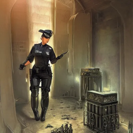 Prompt: kim kardashian as a cop, police uniform, full body view, full pov, scary graveyard, pretty, aesthetic, dust molecules, matte detailed photo, DeviantArt, Artstation, by donato giancola, ralph horley, loish, moonlit lighting