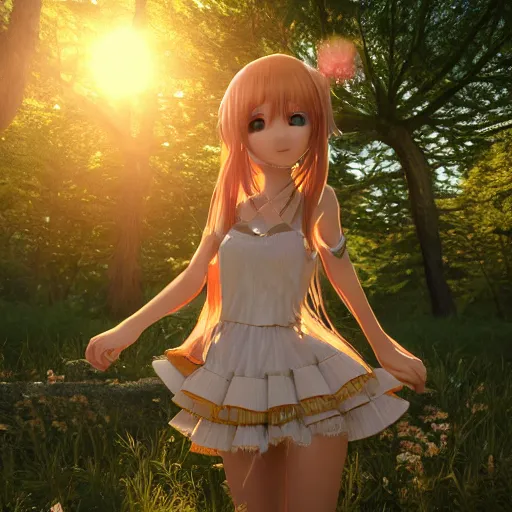 Prompt: Render of a very beautiful 3d anime girl, long hair, hazel eyes, cute freckles, full round face, short smile, cute sundress, golden hour, forest setting, medium shot, mid-shot, highly detailed, trending on Artstation, Unreal Engine 4k