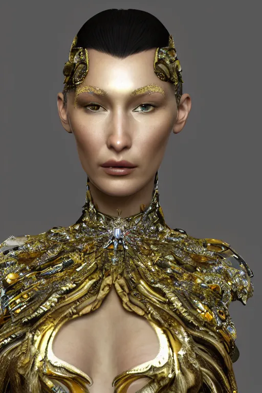 Image similar to a highly detailed metahuman 4 k render close up of a alien goddess bella hadid in iris van herpen dress schiaparelli in diamonds swarovski and jewelry in style of alphonse mucha gustav klimt trending on artstation made in unreal engine 4