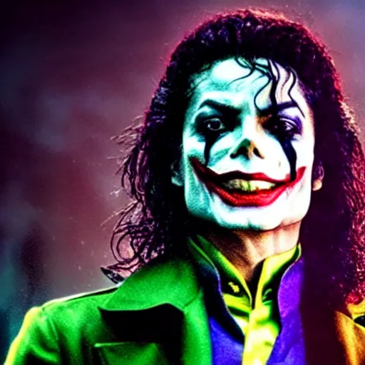 Image similar to stunning awe inspiring michael jackson as the joker, movie still 8 k hdr atmospheric lighting