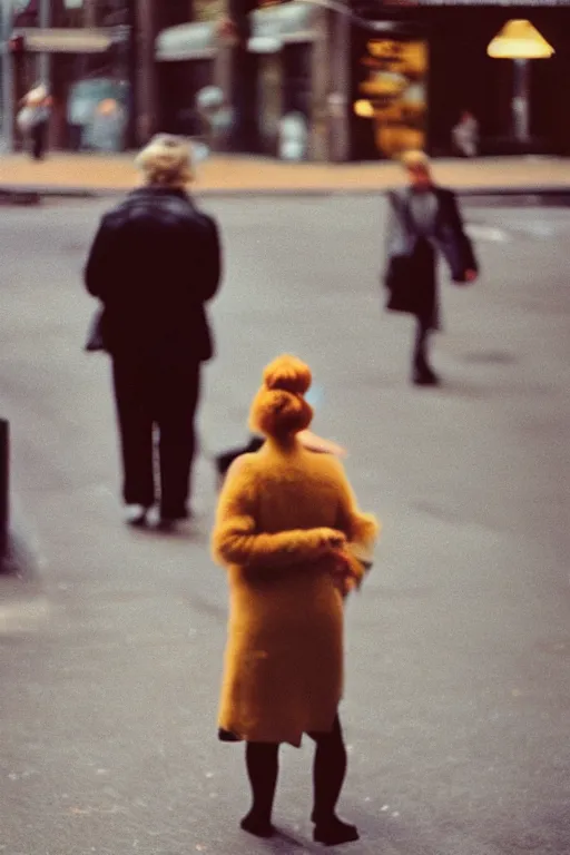 Image similar to photography, ginger woman walking in New York, soft light, 35mm, film photo, Joel Meyerowitz