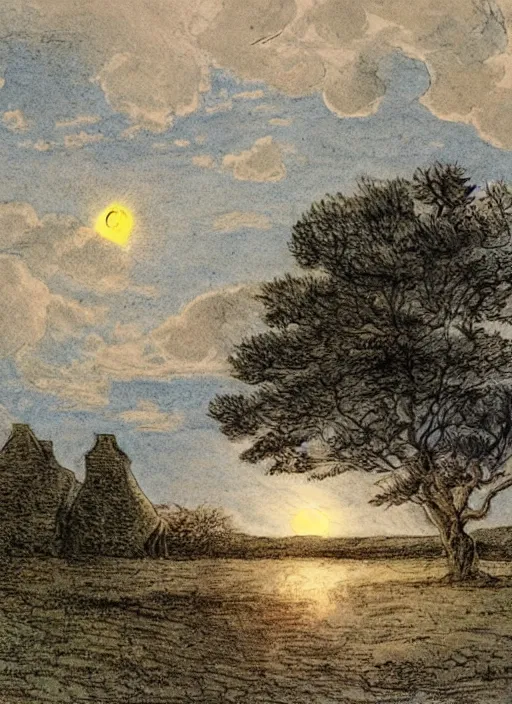 Image similar to sky split in 2, one part is sun, one part is moon, surrounded by light clouds, landscape, illustrated by peggy fortnum and beatrix potter and sir john tenniel