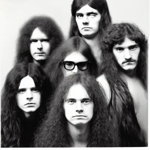 Prompt: Group of 19-year-old girls, permed hair, thick hair, heaviest metal band of 1970s, proto-metal, promo photo, band promo, 1971 16mm photograph