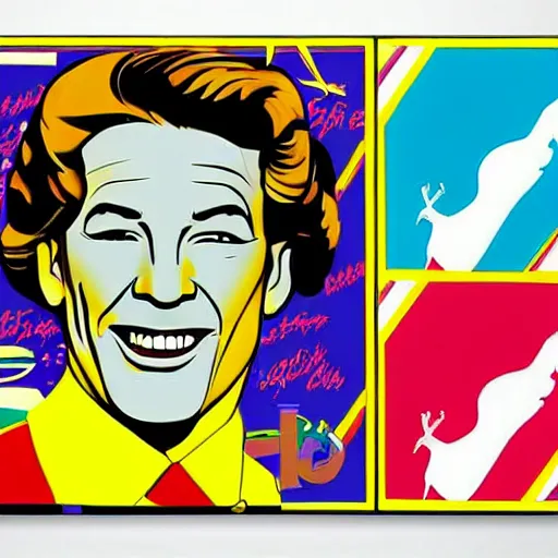 Image similar to handsome, jocelyn wildenstein, pop art poster, soviet propaganda poster, vivid colors, cartoon, long chin, big smile