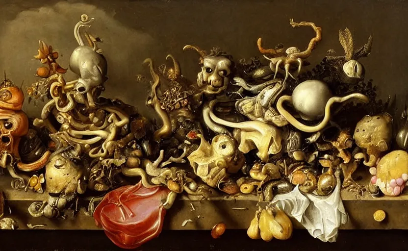 Image similar to disturbing grotesque dutch golden age vanitas still life with bizarre objects strange gooey surfaces siny metal bizarre insects rachel ruysch very detailed perfect composition rule of thirds masterpiece