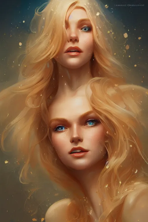 Image similar to an insanely detailed portrait of a beautiful woman facing you, highly detailed features, sparkling blue eyes, long eyelashes, long golden blonde hair, beautiful smile, in the style of peter mohrbacher, artgerm, dramatic lighting and composition, octane render, trending on artstation, concept art 8 k