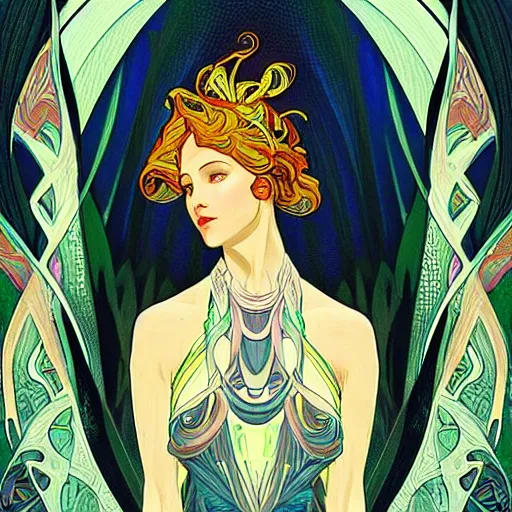 Prompt: “ beautiful extraterrestrial woman goddess standing in a style of Alphonse Mucha, fractals, alien forms, organic, 8k”