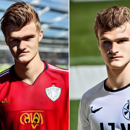 Image similar to a realistic detailed photo of a guy who is an attractive humanoid who is half robot and half humanoid, who is a male android, soccer players martin ødegaard & timo werner, shiny skin, posing like a statue, blank stare, by the pool, on display, showing off his muscles