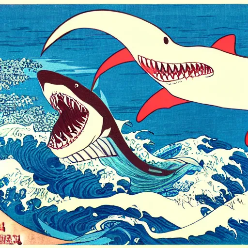 Image similar to shark attack by hokusai