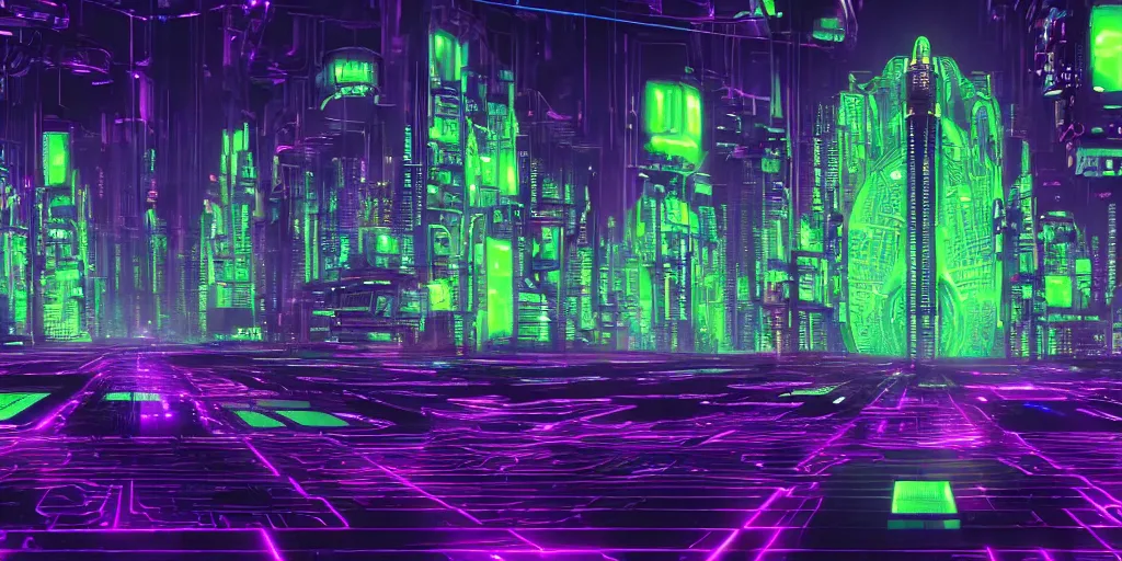 Image similar to a landscape view of a cybernetic cathedral overlooking an higway made of rows of glowing green codes and symbols, cyberpunk, beautiful detailed, cinematic, strong lighting, hi - fructose art magazine, photorealistic, 8 k, gradient cyan to purple, by paul lehr and david heskin