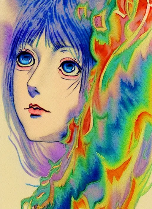 Prompt: vintage 7 0 s anime watercolor by chelsey bonestell, a portrait of a lady with colorful face - paint enshrouded in an impressionist watercolor, representation of mystic crystalline rift fractals in the background by william holman hunt, art by cicley mary barker, thick impressionist watercolor brush strokes, portrait painting by daniel garber, minimalist simple pen and watercolor