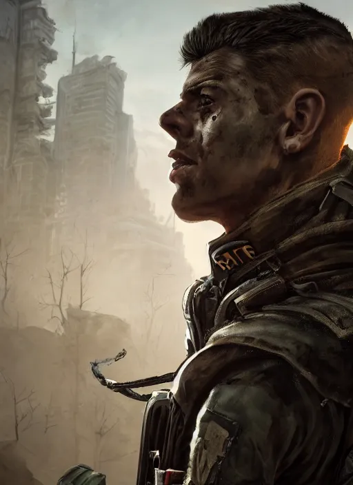 Prompt: A comic book style portrait painting of a male soldier in a post apocalyptic world, unreal 5, DAZ, hyperrealistic, octane render, RPG portrait, dynamic lighting