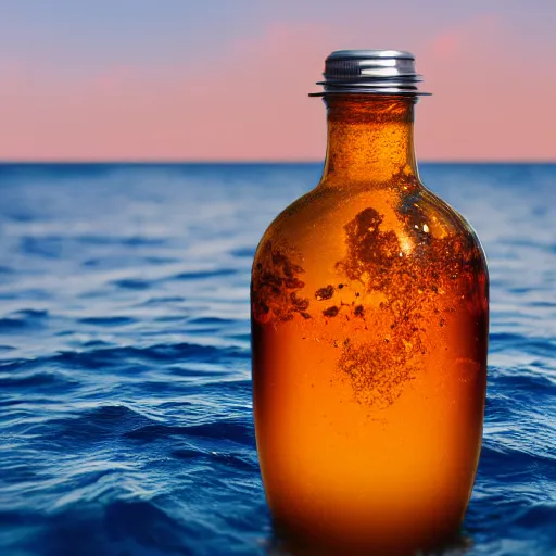 Image similar to a human head stuffed in a bottle, on the ocean water, futuristic, glowing, hyper realistic, ray tracing, realistic water splashes, sharp focus, long shot, 8 k resolution, cinematic, photoshop art