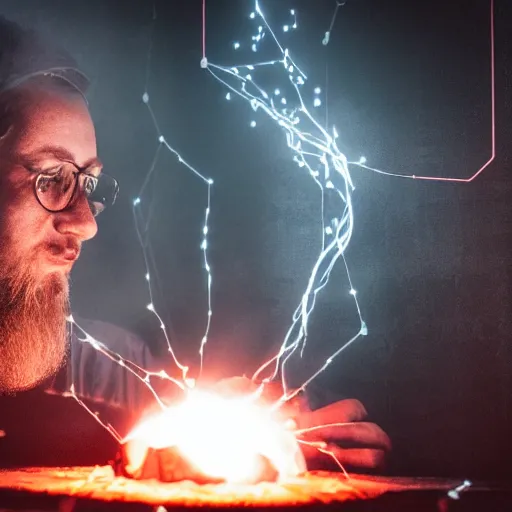 Image similar to God of forging and fire hephaistus creating the first artificial neural network in his volcanic laboratory, cinematic lighting, dark background, 50mm leica noctilux