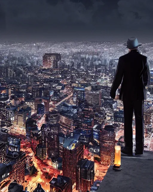 Image similar to a night rooftop scene, close up shot of a photorealistic gangster wearing a trench coat looking at the city below, unreal engine, hyper realism, realistic shading, cinematic composition, realistic render, octane render, detailed textures