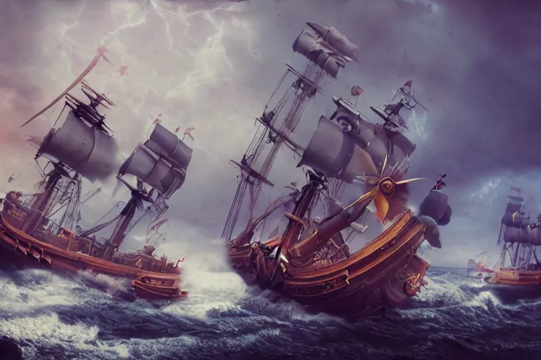 Image similar to epic pirate ship cannon battle in a storm, in the style of vernon grant and chris van allsburg, trending on artstation, bright tilt - shift camcorder effect, photoshop, retrowave, hyperrealism, octane, sharp focus, masterpiece