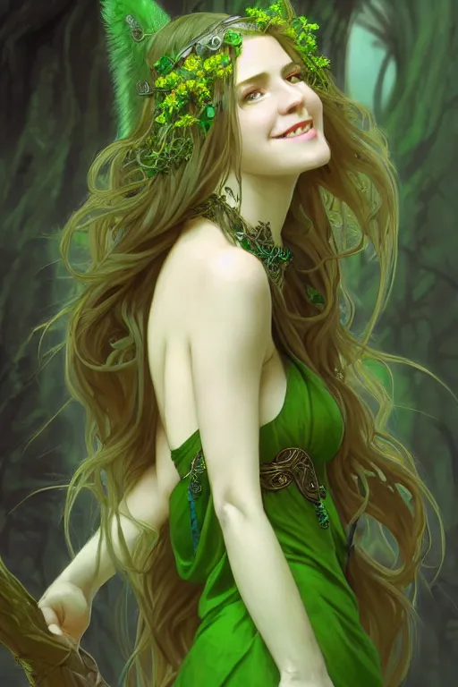 Prompt: Portrait of seductive female druid, D&D, revealing green stylish dress, choker on neck, very long flowing hair, mouth slightly open, cute slightly nerdy smile, fantasy, intricate, elegant, stylish, highly detailed, digital painting, artstation, concept art, smooth, sharp focus, illustration, art by artgerm and greg rutkowski and alphonse mucha
