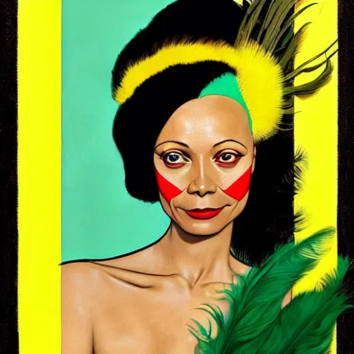 Image similar to art by joshua middleton, a medium shot portrait of the golden creeper, a tall manically smiling yellow - skinned woman with green and black striped cycling shorts and wearing a long red and black striped ostrich feather boa, the actress thandie newton, yellow makeup, mucha, kandinsky, poster, art deco motifs, comic art, stylised design, scarlet feather boa