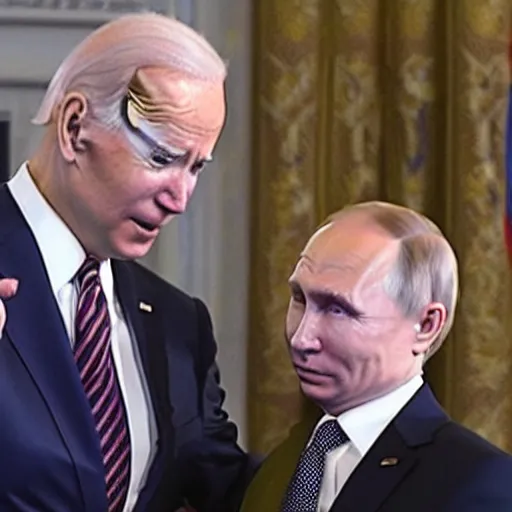 Prompt: biden and putin saluting each other with a painful expression