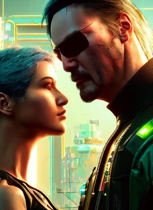 Image similar to a highly detailed photorealistic cyberpunk 2077 couple portrait of a Keanu Reeves as johnny silverhand and a female android in final kiss with lots of electric cable behind them connected to giant computer,couple pose,love,fantasy, intricate, elegant,by Alex Horley and Greg Rutkowski,artstation,deviantart,FAN ART,Unreal Engine,Digital painting,face enhance,8K,golden ratio,cinematic lighting