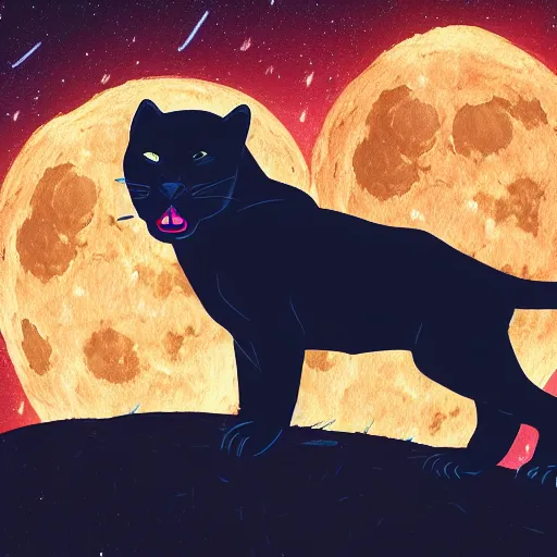 Image similar to a panther roaring at the moon in a forest during the night, large moon in the center. artistic. illustration. 4 k. cinematic. photoreal. dark colors. night.