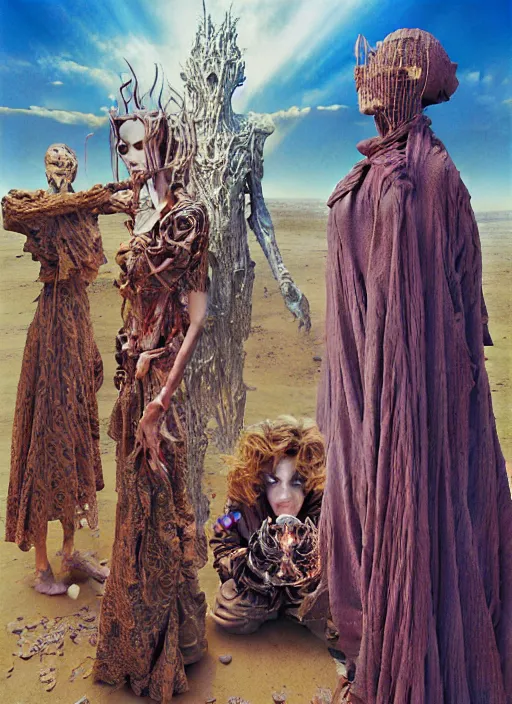 Prompt: realistic detailed image of an old family in weird clothes in eternal desert looking at the mirror to other world by Ayami Kojima, Amano, Karol Bak, Greg Hildebrandt, and Mark Brooks, Neo-Gothic, gothic, rich deep colors. Beksinski painting, part by Adrian Ghenie and Gerhard Richter. art by Takato Yamamoto. masterpiece