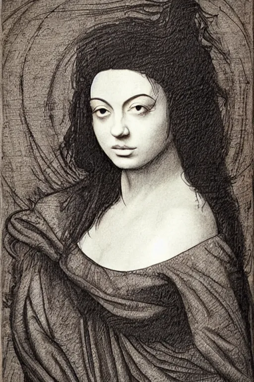 Prompt: a portrait of charli xcx in the style of leonardo da vinci drawing,, single head, no double head,