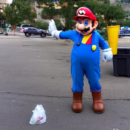 Prompt: super mario throwing away some trash