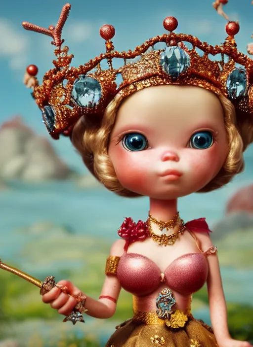 Image similar to highly detailed closeup, profile portrait of a tin toy fairytale princess wearing a crown, bikini, unreal engine, nicoletta ceccoli, mark ryden, earl norem, lostfish, global illumination, detailed and intricate environment