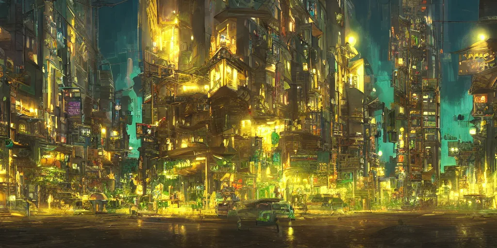 Image similar to Street view of the legendary Biringan city at night with tall gilded towers, green lights, populated by Filipino mythological creatures, concept art, artstation